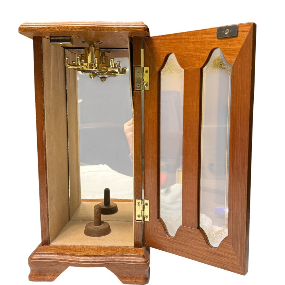 Vintage London Leather Wood Jewelry Armoire Cabinet Mirror Taiwan 12" MCM